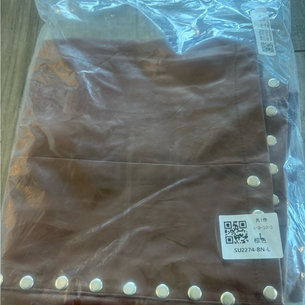 Brown PLeather Mini Skirt funky pencil skirt faux leather size L - Picture 6 of 9